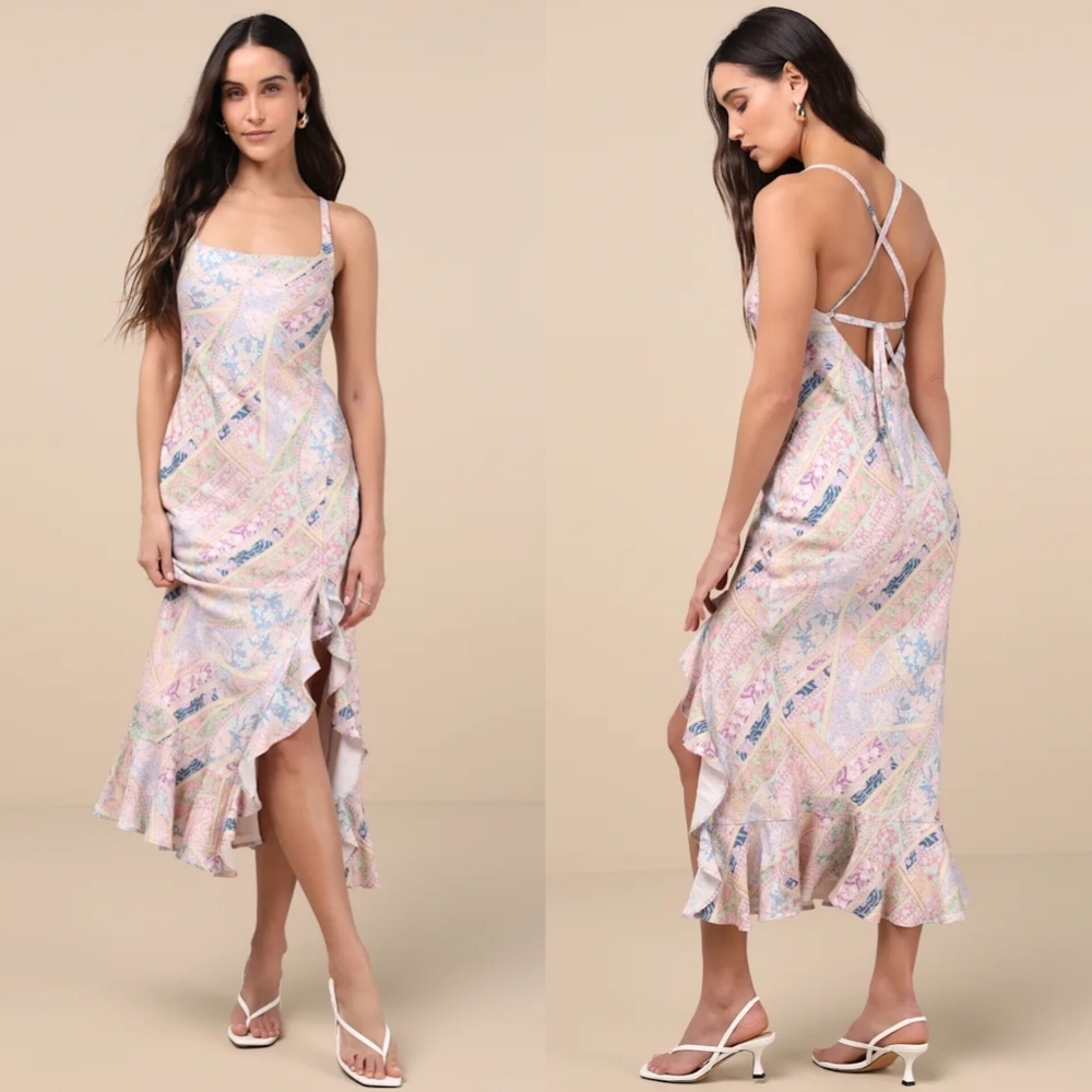 Lulus Hitomi Light Pink Multi Scarf Print Lace-Up Ruffled Midi Dress S Party